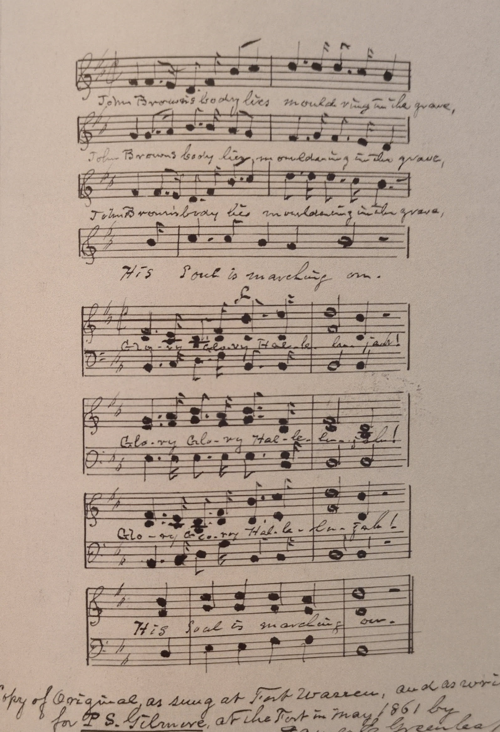 Archival handwritten sheet music for John Brown's Body